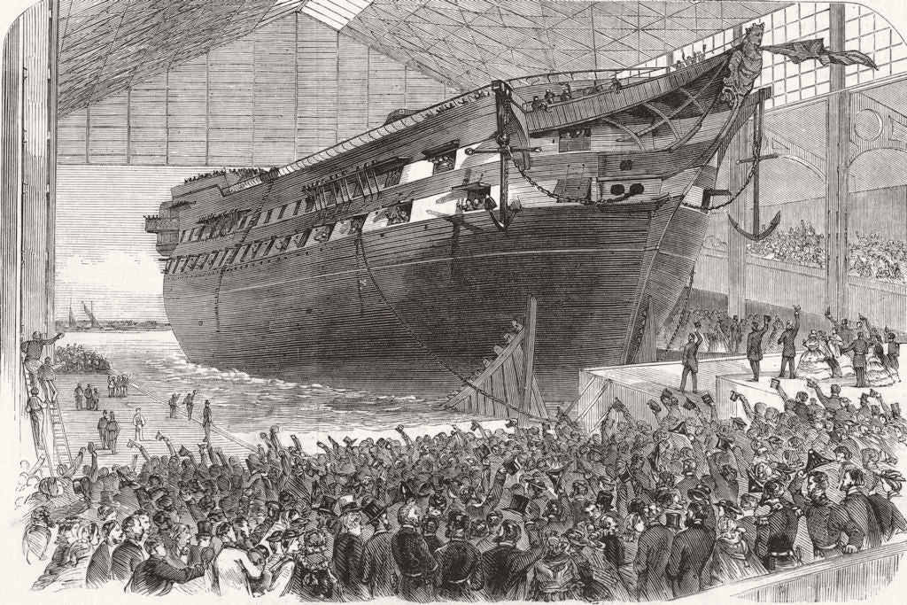 LONDON. Launch of the Edgar, the New Line-of-battle ship, at Woolwich 1858